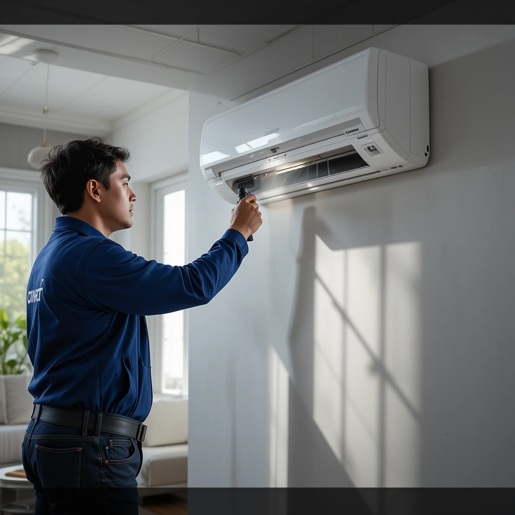 a man using a remote control to open a air conditioner