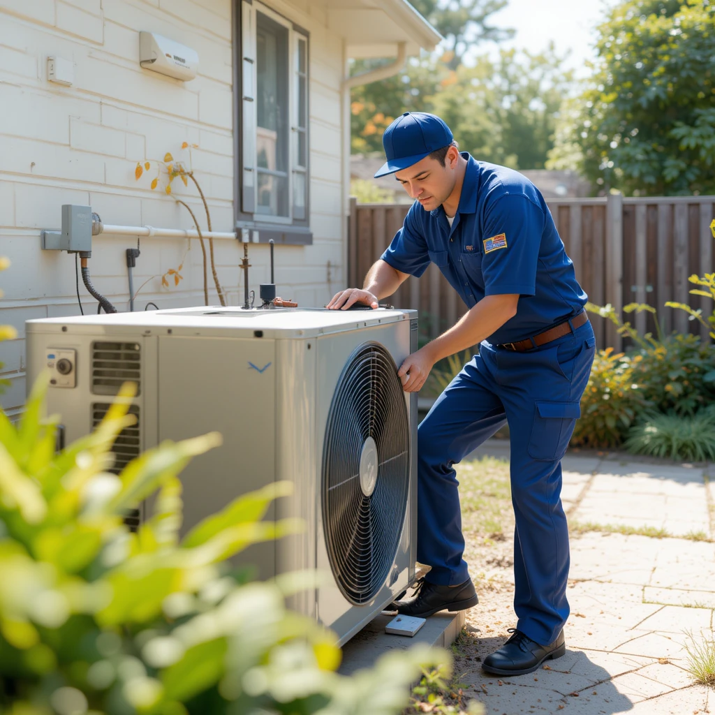 a technician fixing a the condenser, wich is a part of the AC system.