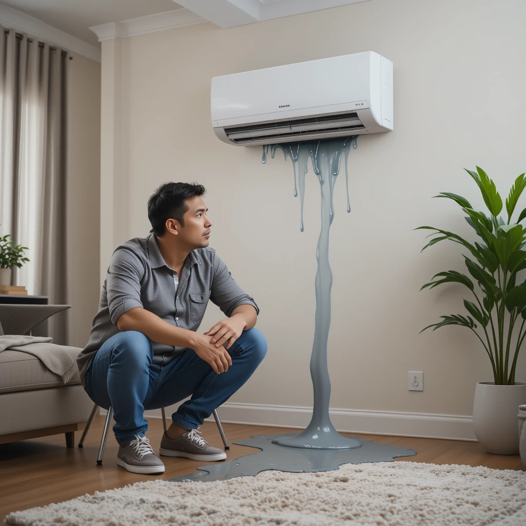 a man sitting in a chair next to a air conditioner, that needs a service